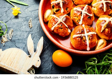 Easter Hot Cross Buns And Easter Decor.Easter Baked Goods