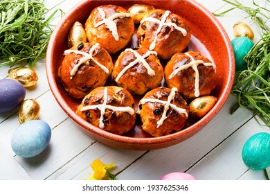 Easter Hot Cross Buns And Easter Decor.Easter Baked Goods