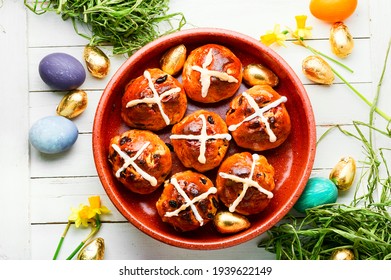 Easter Hot Cross Buns And Easter Decor.Easter Baked Goods.Festive Food