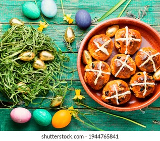 Easter Hot Cross Buns And Easter Decor.Easter Baked Goods.Holiday Concept