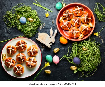 Easter Hot Cross Buns And Easter Decor.Easter Baked Goods.Holiday Concept