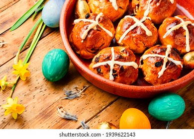 Easter Hot Cross Buns And Holiday Decor.Easter Baked Goods