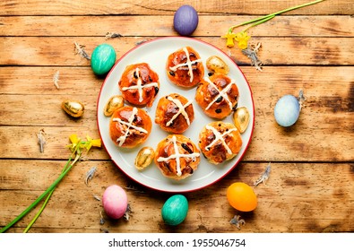 Easter Hot Cross Buns And Holiday Decor.Easter Baked Goods