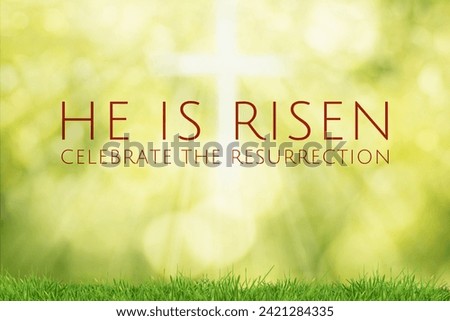 Easter illustration with the text 'He is Risen', a shining cross and a blurred yellow and green bokeh background with grass.