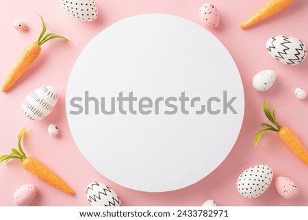 Easter inspiration setup: Top-view photo showcasing minimalist dyed eggs, mock carrots for the Easter Rabbit on gentle pink backdrop, including vacant circular spot for wording or promotions
