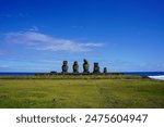 Easter Island, Chile - March 23 2024: Ahu Ko te Riku, Hanga Roa, Rapa Nui National Park