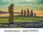 Easter Island (Rapa Nui) - Anga Roa - Ahu Tahai - Ahu Vai Uri Moais and Ahu Tahai Moai in the sunset.