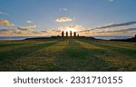 Easter Island, Tahai, moai; Blue moonset circle; Cloudy moonset; Five Moai, sunset cloud, silhouette; last sunset; Glowing moonset; Lone North of Tahai; Moai sunburst; Moai with eyes and detail