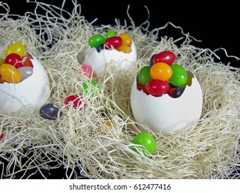 Easter Jelly Beans In White Eggshell Straw Nest