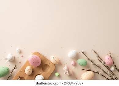 Easter joy captured in picturesque frame. Colorful eggs, pussy-willow branches, sweet ceramic bunnies, sprinkles come together on pastel beige backdrop, leaving space for your text or advertisement