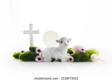 Easter lamb, eggs and cross on white background. Catholic Easter background