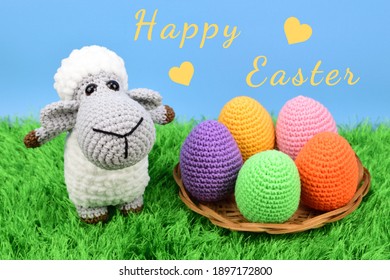 Easter Lamb Next To A Dish With Easter Eggs