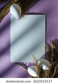 Easter Menu or invitation blank, empty paper with easter eggs Mock-up with shadows and purple backgound