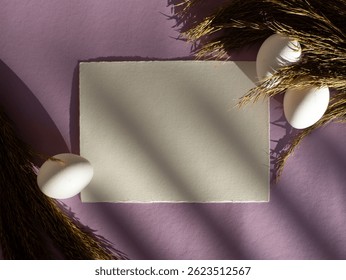 Easter Menu or invitation blank, empty paper with easter eggs Mock-up with shadows and purple backgound