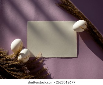 Easter Menu or invitation blank, empty paper with easter eggs Mock-up with shadows and purple backgound