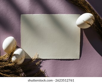 Easter Menu or invitation blank, empty paper with easter eggs Mock-up with shadows and purple backgound