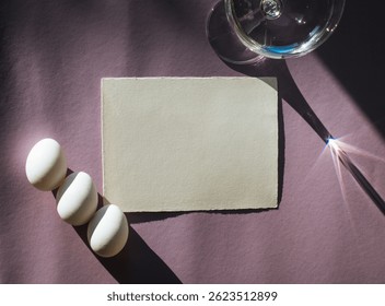 Easter Menu or invitation blank, empty paper with easter eggs Mock-up with shadows and purple backgound