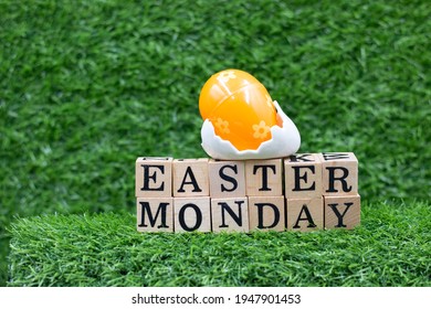 Easter Monday With Eggs Decoration On Green Grass. It Is The Day After Easter Sunday And Is A Public Holiday In Some Countries. It Is The Second Day Of Eastertide. In Western Christianity, 