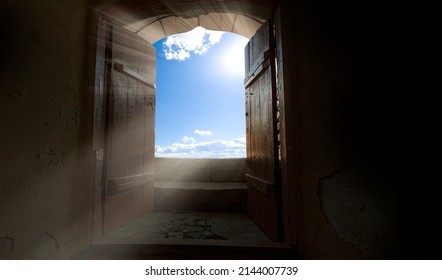 Easter Morning, Golgotha Hill With Silhouettes Of The Cross, Resurrection Background With Sunlight, Abstract Background With Copy Space For Text