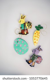 Easter Motifs Made Of Salt Dough And Painted As Easter Bunny, Easter Egg And Carrot. Hanging Decoration. Simple Craft Ideas For Kids.