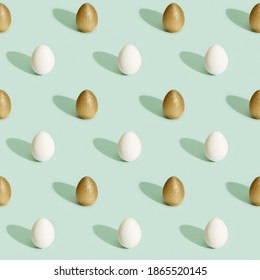 Easter pattern with bright eggs, shiny golden colored and white eggs on green paper background. Easter print.  - Powered by Shutterstock