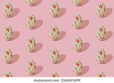 Easter pattern composition made with floral vintage Easter eggs on light pink background. Minimal Easter concept. Creative festive holiday layout. Spring pattern backdrop.
