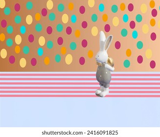 Easter pattern made of an Easter bunny on a dotted and striped orange and pastel blue background. Colorful Easter pattern. Happy Easter card. Minimal concept. 
