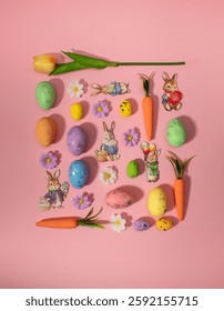 Easter pattern squer shape made of colorful flowers, eggs, bunnies and carrots. Minimal holiday concept. Flat lay pattern.