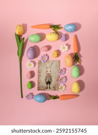 Easter pattern squer shape made of colorful flowers, eggs and carrots. Minimal holiday concept. Flat lay pattern.