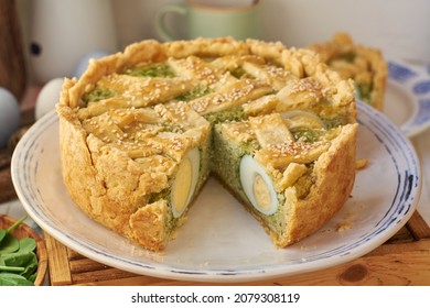 Easter Pie With Spinach, Egg And Cottage Cheese. White Background, Side View