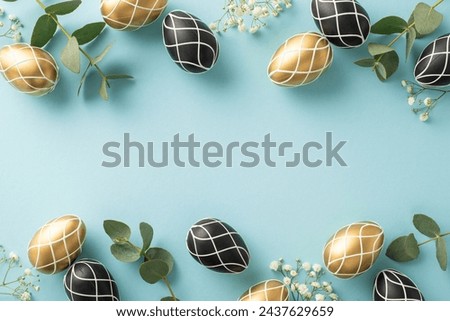 Easter piety composition: Top view capturing rich black and gold eggs, eucalyptus greens, gypsophila petals, arranged on a pastel blue backdrop, providing a spot for text or advertising messages