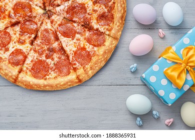 Easter Pizza Promotion Banner. Pizza And Easter Eggs