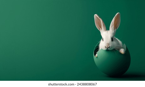 Easter rabbit, cute white bunny coming out of an opened egg on empty dark green background with copy space