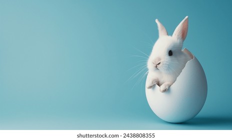Easter rabbit, cute white bunny coming out of an opened egg on empty light blue background with copy space