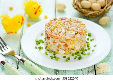 Easter Salad With Chicken, Corn, Egg And Carrot - Idea For Easter Dinner, Holiday Recipe