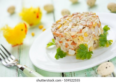 Easter Salad With Chicken, Corn, Egg And Carrot - Idea For Easter Dinner, Holiday Recipe