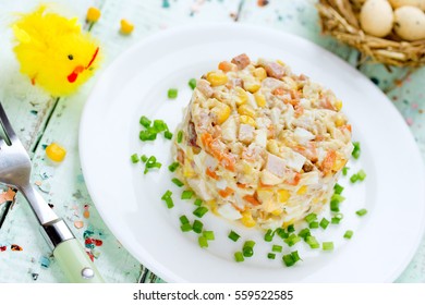 Easter Salad With Chicken, Corn, Egg And Carrot - Idea For Easter Dinner, Holiday Recipe