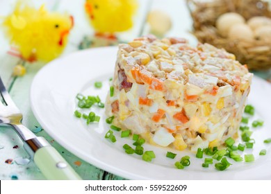 Easter Salad With Chicken, Corn, Egg And Carrot - Idea For Easter Dinner, Holiday Recipe