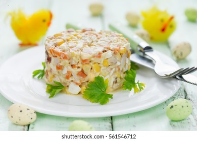 Easter Salad With Chicken, Corn, Egg And Carrot - Idea For Easter Dinner, Holiday Recipe