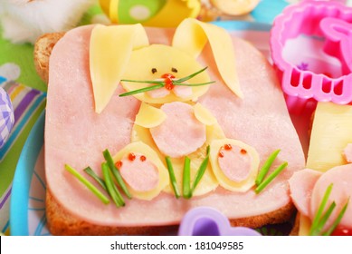 Easter Sandwich With Funny Bunny Made From Ham,cheese And Chives For Kids