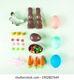 Easter Set Knolling Eggs, Carrots, Chocolate Bunny, Cookie Cutter Candy