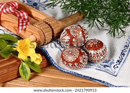 Easter, spring holiday - beautiful colorful Easter eggs - Czech home tradition of decorating with wax,
classic still life