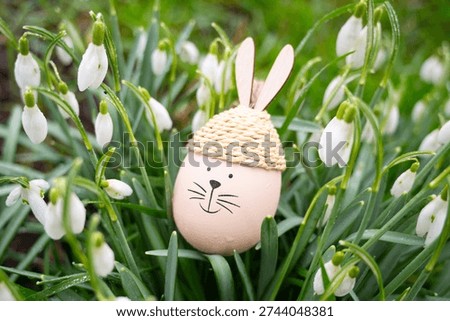 Easter spring holiday, colored egg bunny or rabbit in a snowdrop flowers meadow, greeting card, springtime season 