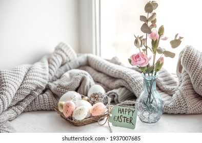 Easter Still Life With Easter Eggs, Fresh Flowers In A Vase And The Inscription Happy Easter On The Postcard.