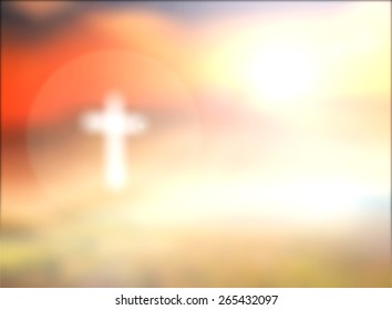 Easter Sunday concept: Blurred white cross over sunrise with amazing light background