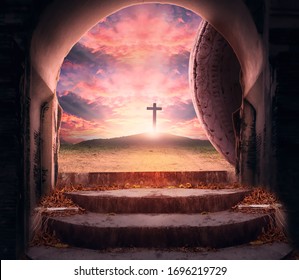 Easter Sunday concept: Tomb empty with cross on sunset background - Shutterstock ID 1696219729