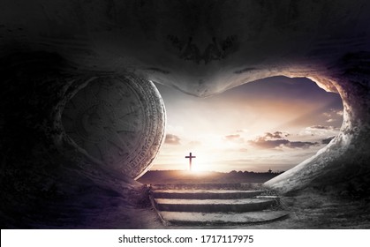 Easter Sunday Concept: Tomb Empty With Cross On Sunset Background