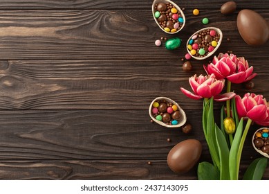 Easter surprise theme. Overhead shot of broken chocolate eggs spilling out vibrant candies, and fresh peony tulips on a wooden surface, leaving space for text or promotions