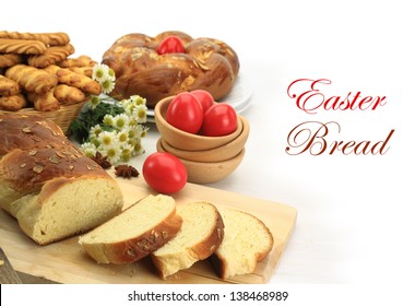 Easter Sweet Bread With Red Eggs And Shortbread Cookies