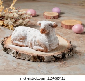 Easter Sweet Lamb Cake, Eggs, Willow фтв Wood On Old Vintage Background